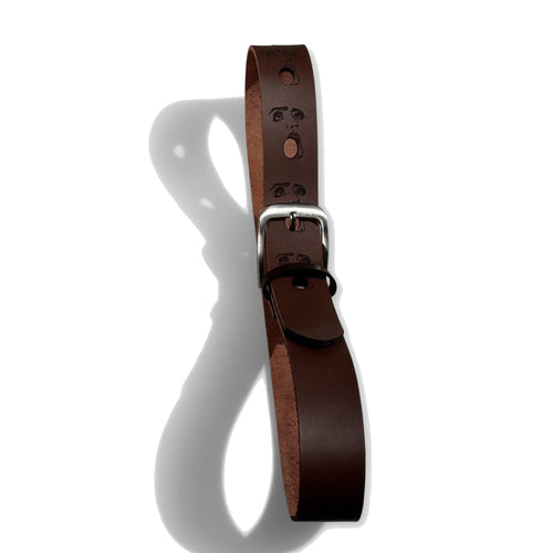 Brown handcrafted engraved leather belt — detail view — Lamamarka