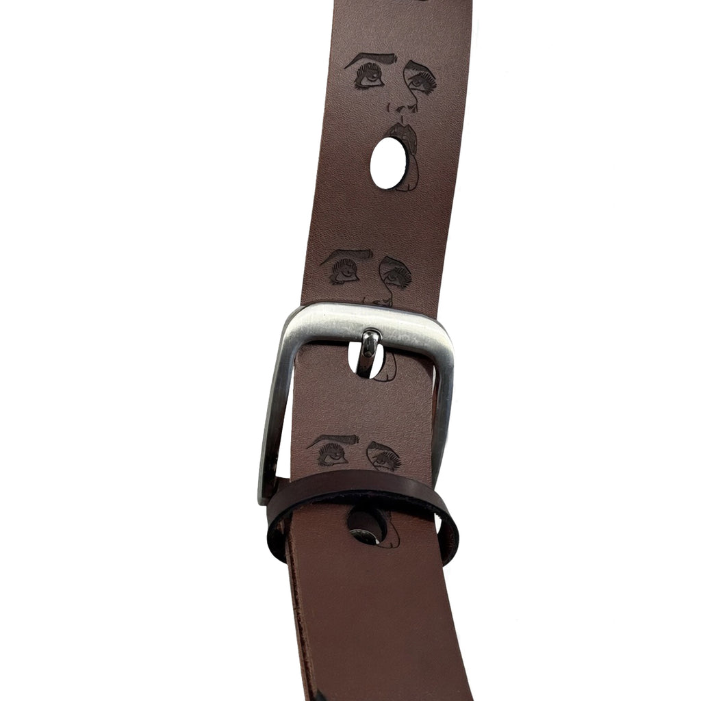 Brown handcrafted engraved leather belt — alternate angle — Lamamarka