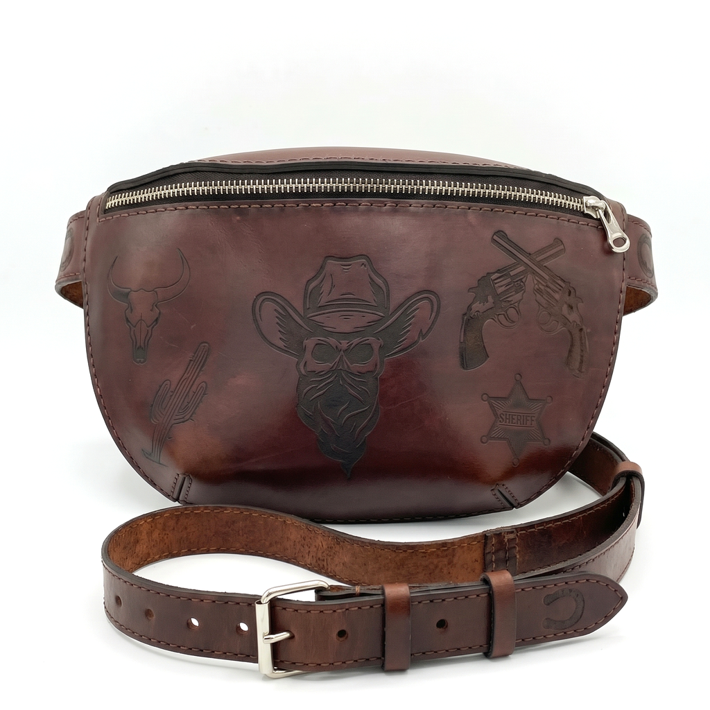 Outlaw Western Leather Belt Bag | Engraved Cowboy Skull Fanny Pack