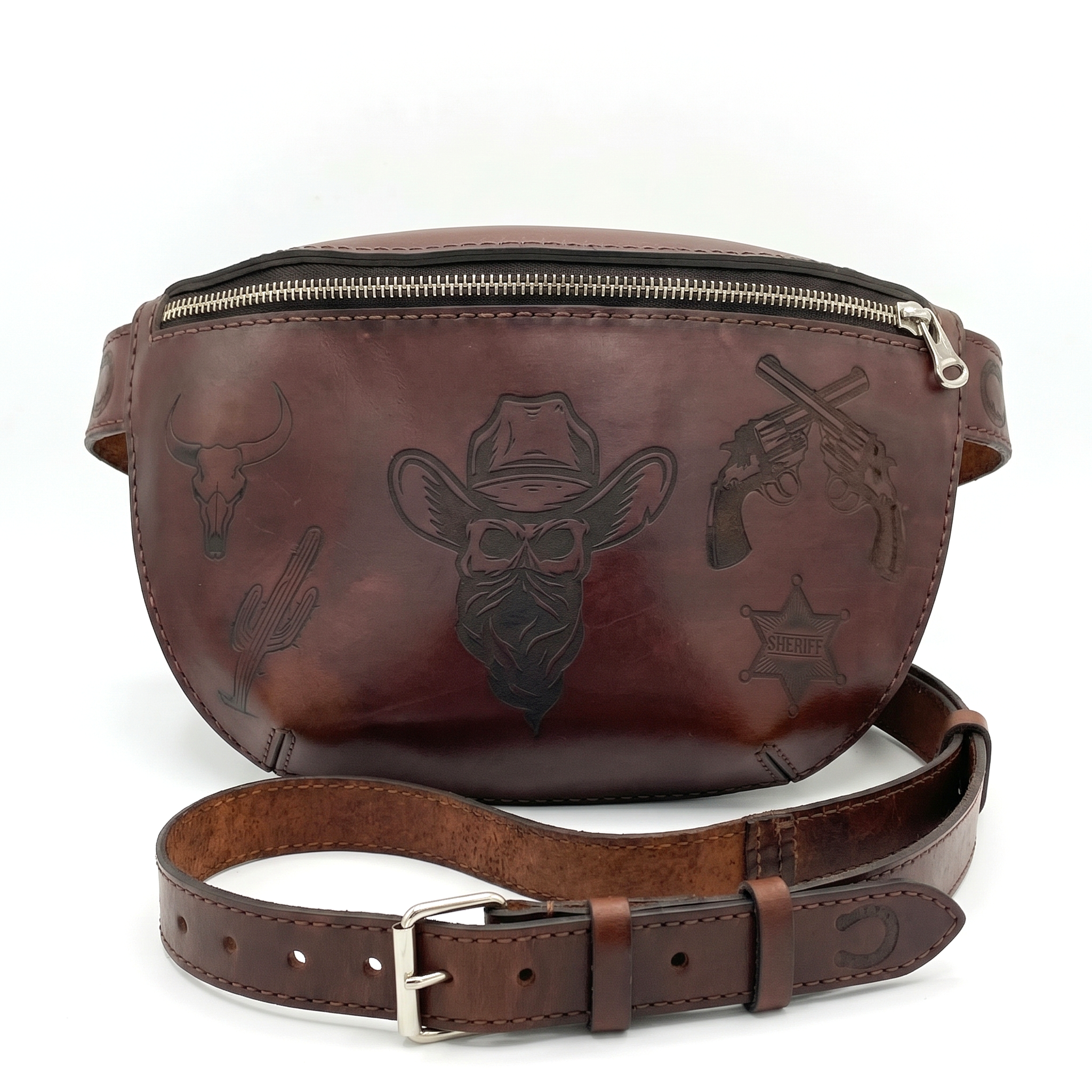 Outlaw Western Leather Belt Bag | Engraved Cowboy Skull Fanny Pack