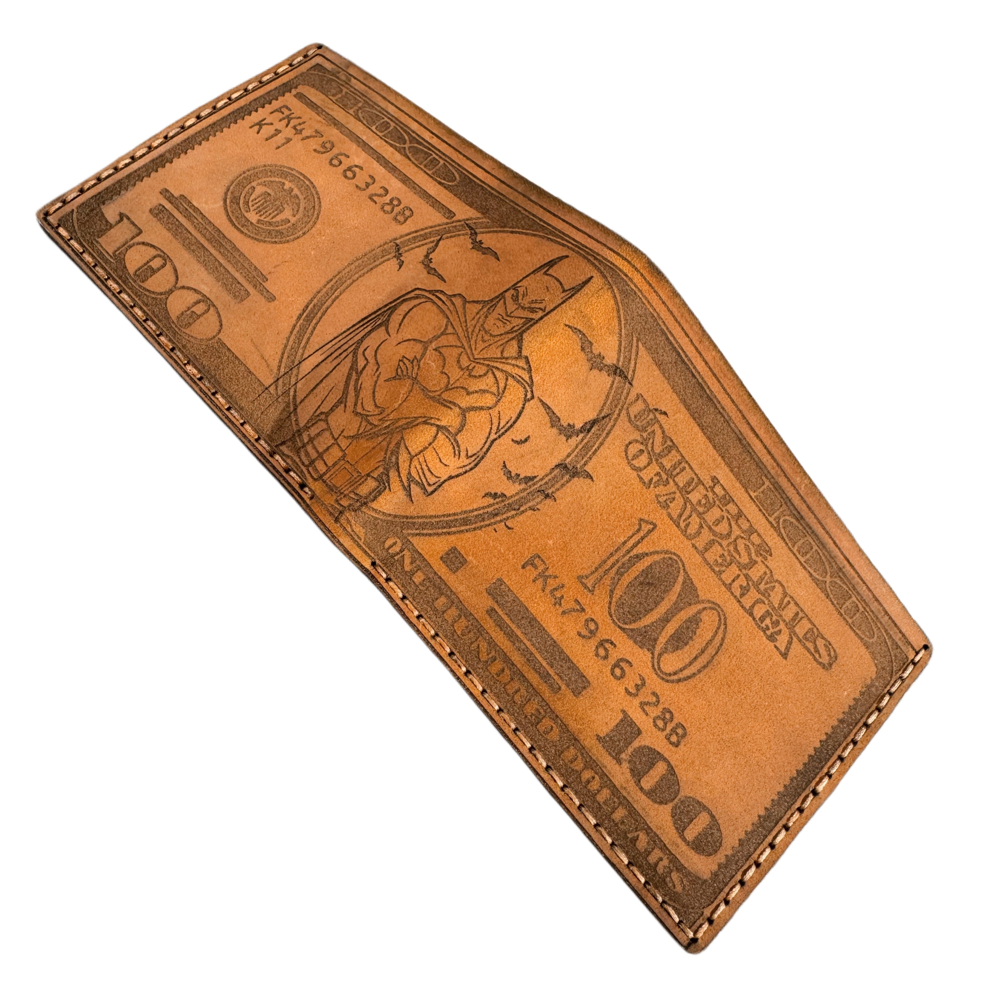 Engraved handcrafted leather bifold wallet — detail view — Lamamarka
