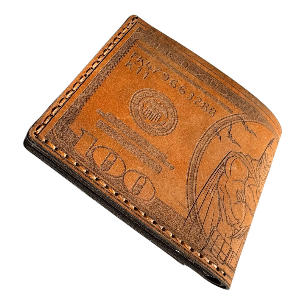 Engraved handcrafted leather bifold wallet — alternate angle — Lamamarka