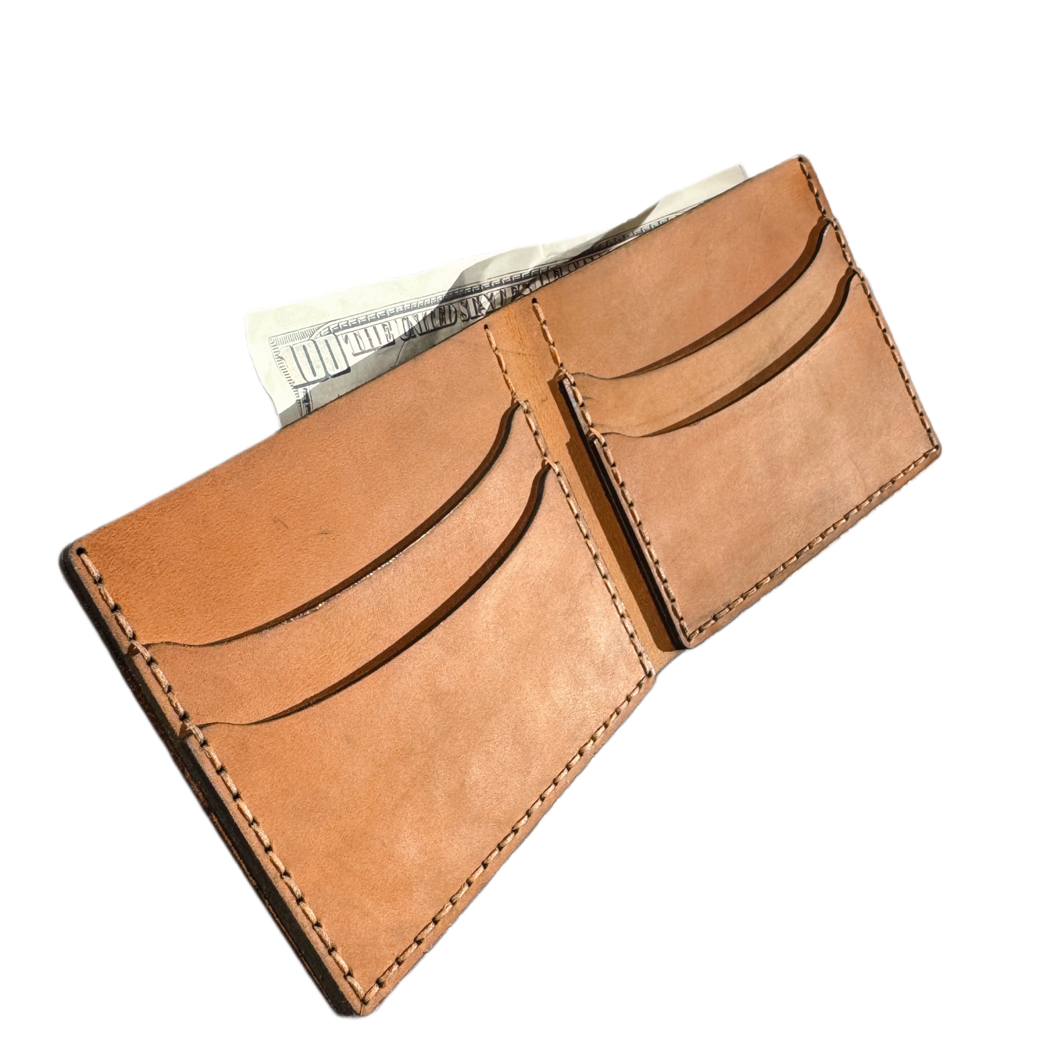 Engraved handcrafted leather bifold wallet — back view — Lamamarka