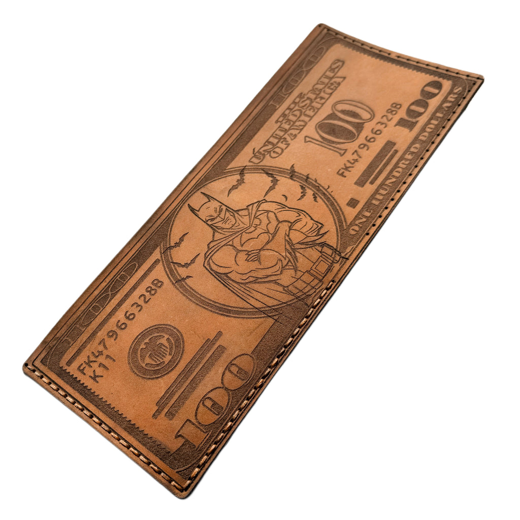 Engraved handcrafted leather bifold wallet — in-hand view — Lamamarka
