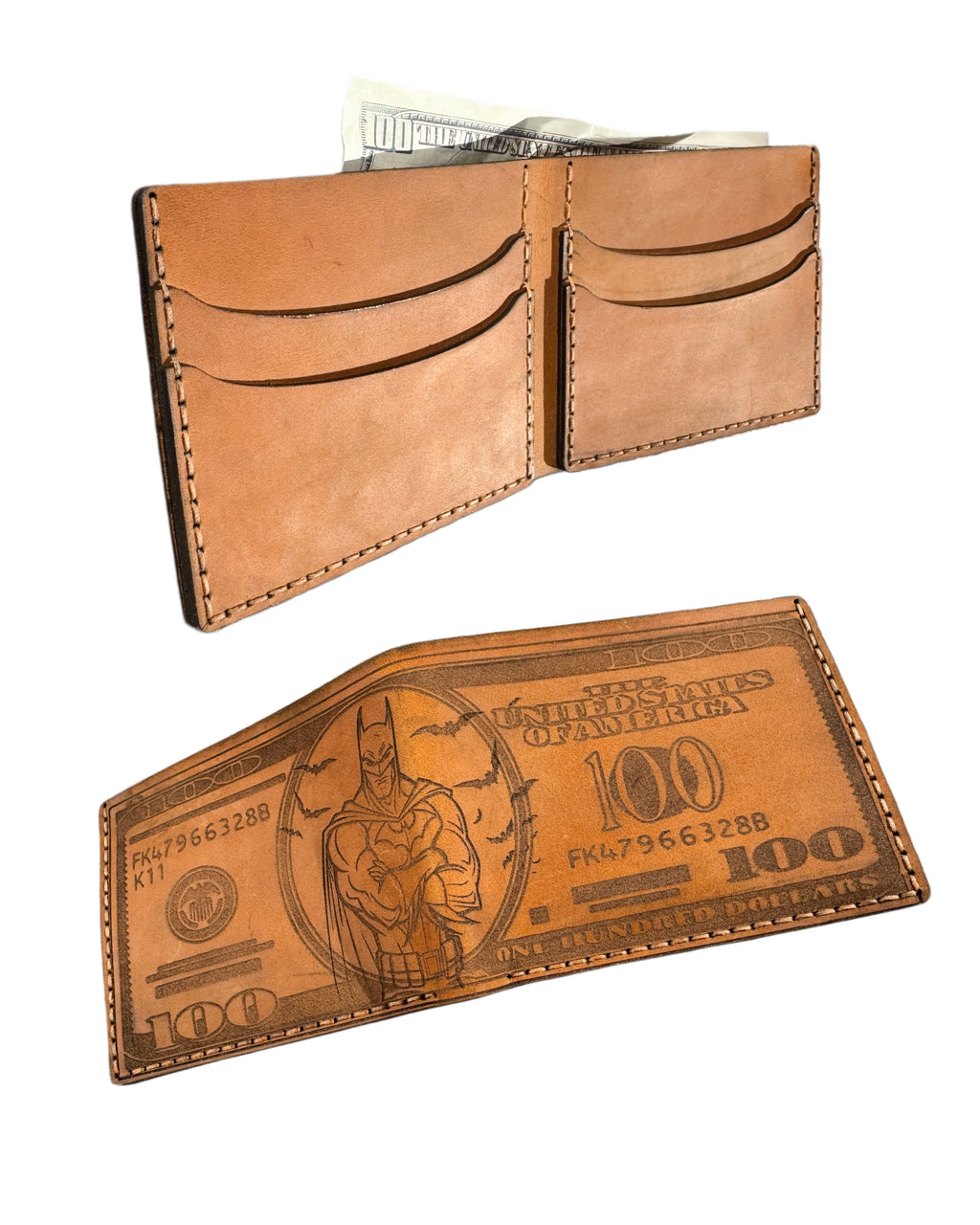 Engraved handcrafted leather bifold wallet — close-up — Lamamarka