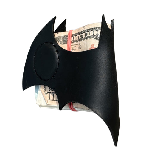 Handcrafted leather Bat Money Clip with engraved bat design — Lamamarka