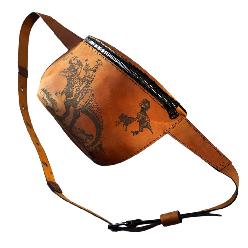 Handcrafted engraved leather waist bag — detail view — Lamamarka