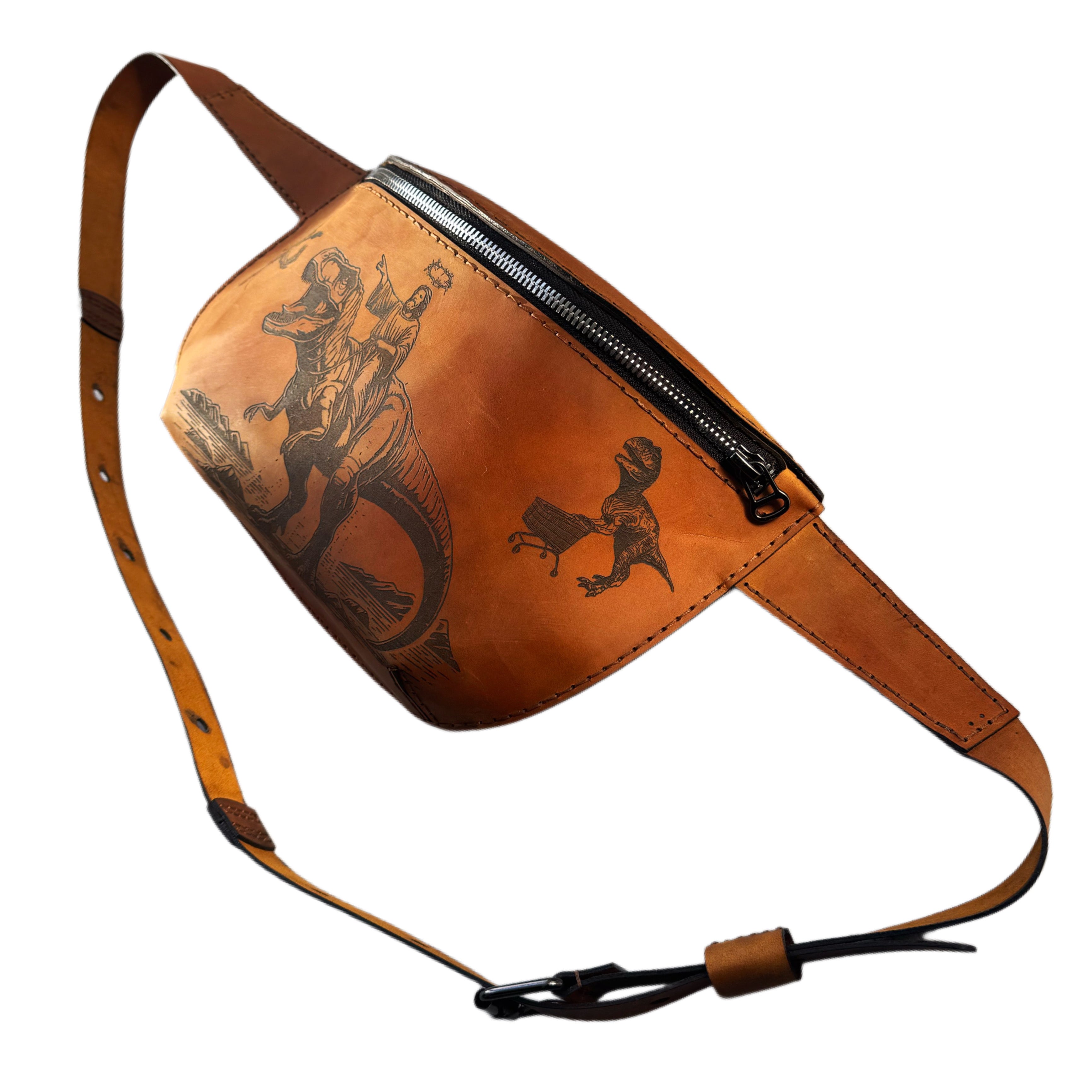 Handcrafted engraved leather waist bag — detail view — Lamamarka