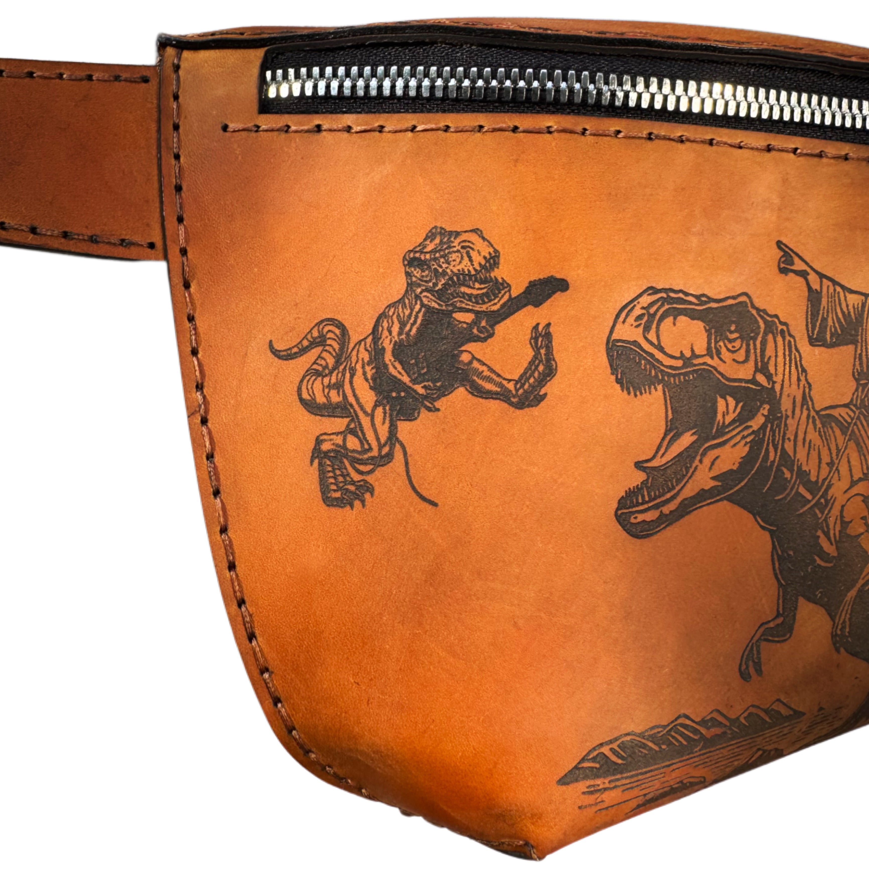 Handcrafted engraved leather waist bag — alternate angle — Lamamarka