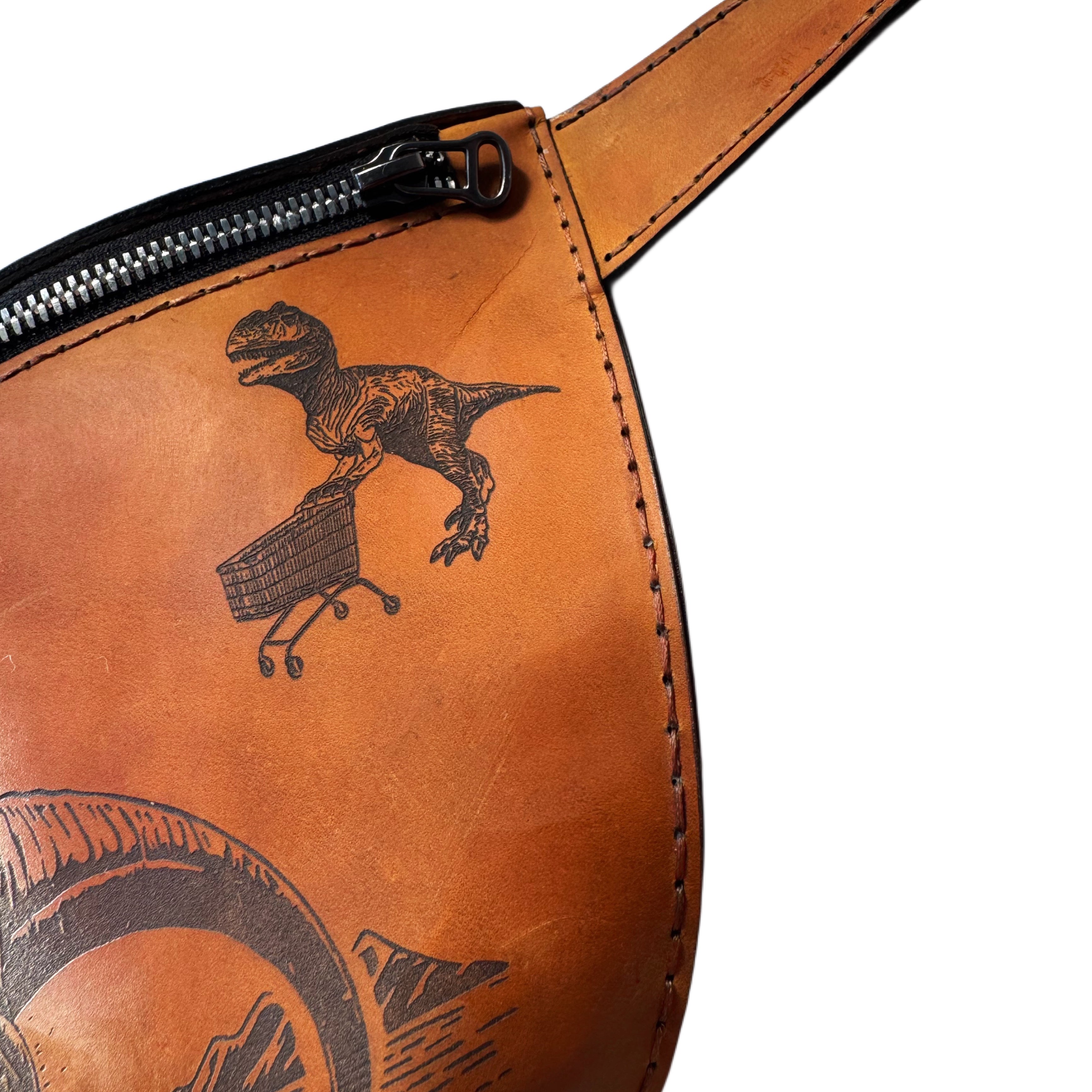 Handcrafted engraved leather waist bag — back view — Lamamarka