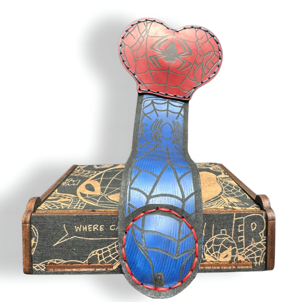 Red & Blue Spider Web XL Leather Money Clip | Comic Gag Gift