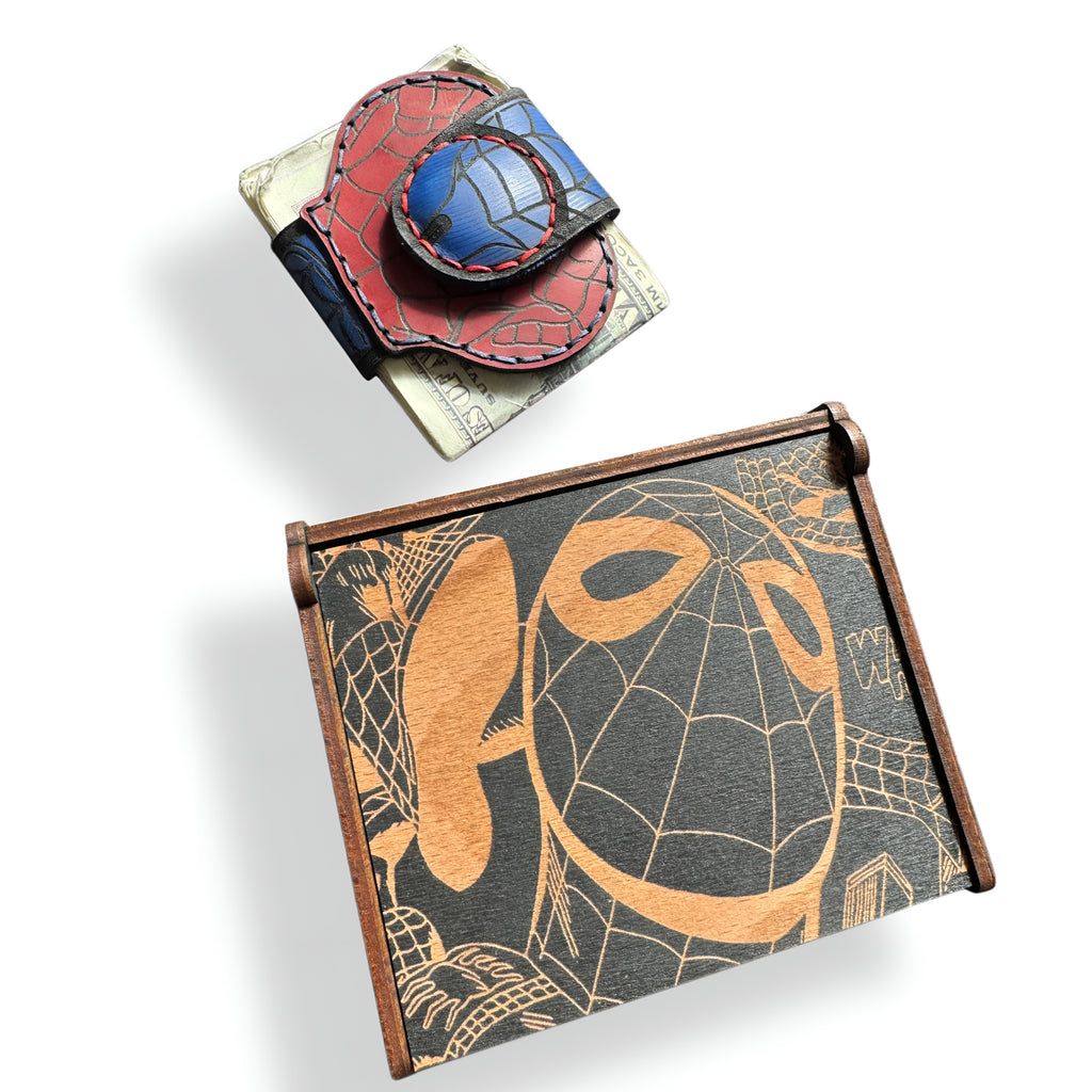 Red & Blue Spider Web XL Leather Money Clip | Comic Gag Gift