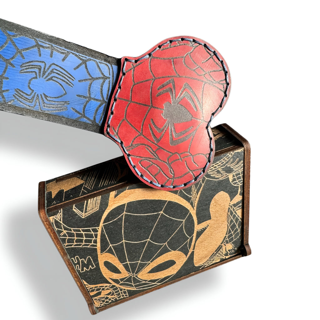 Red & Blue Spider Web XL Leather Money Clip | Comic Gag Gift