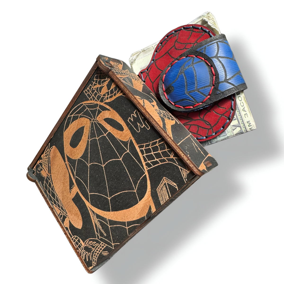 Red & Blue Spider Web XL Leather Money Clip | Comic Gag Gift