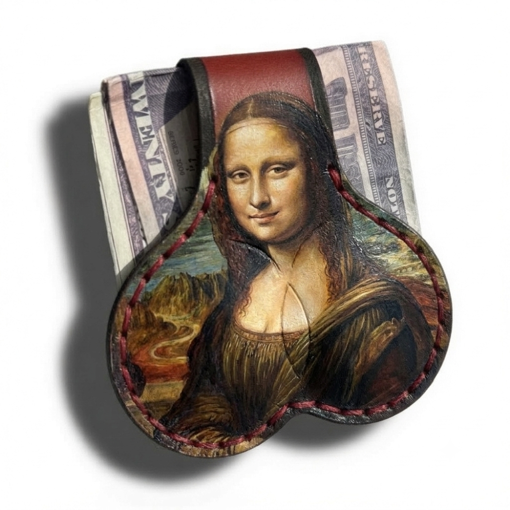 Mona Lisa print leather money clip, front view, Lamamarka