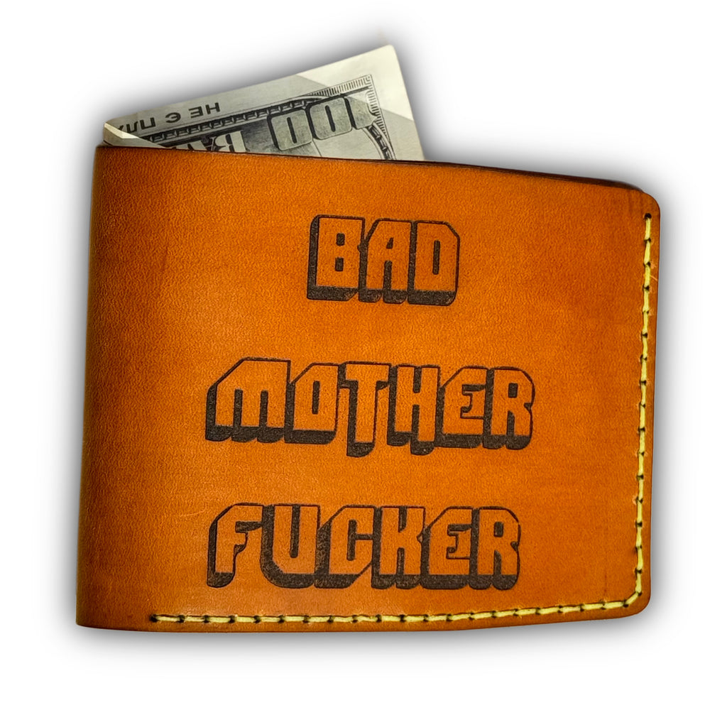 Handcrafted tan leather bifold wallet — detail view — Lamamarka