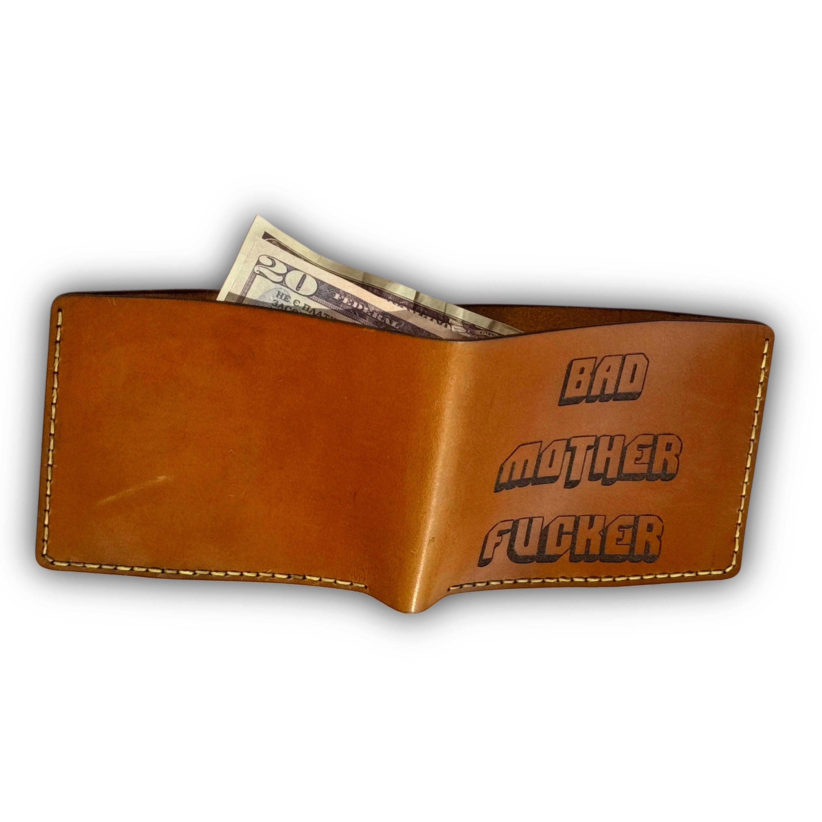 Handcrafted tan leather bifold wallet — alternate angle — Lamamarka
