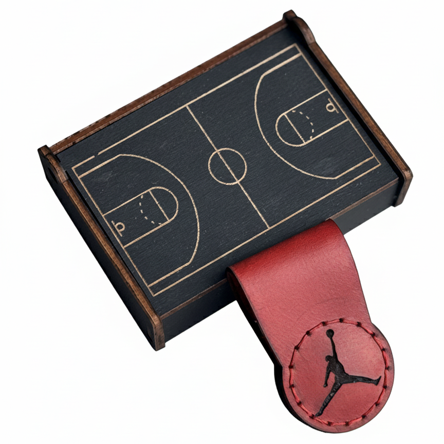 Black leather magnetic money clip with gift box — detail view — Lamamarka