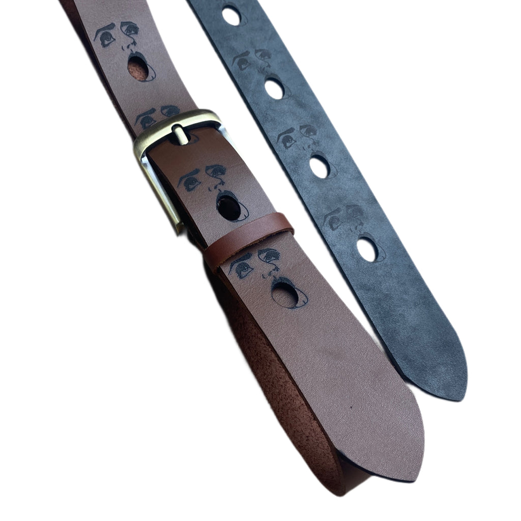 Handcrafted leather belt engraved with face design — Lamamarka