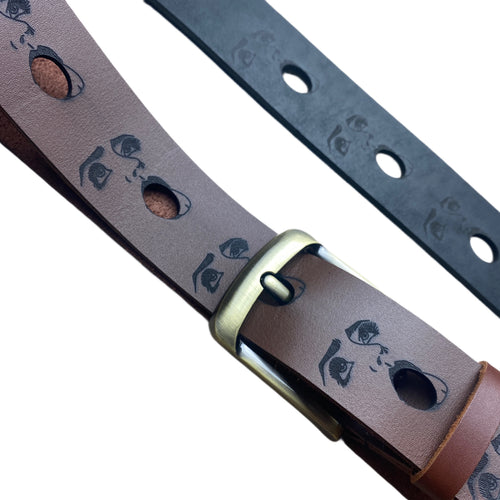 Handcrafted engraved leather belt — detail view — Lamamarka