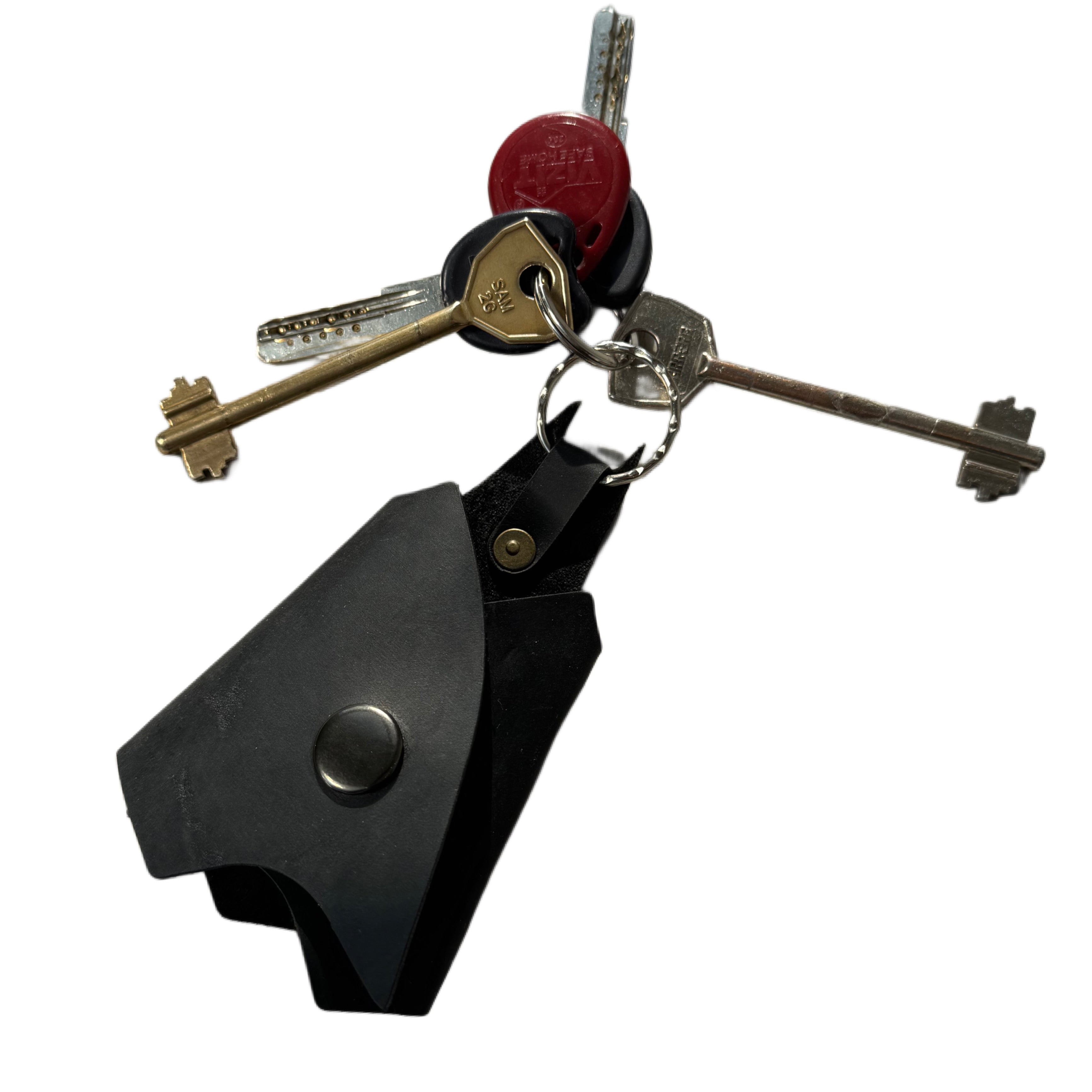 Handcrafted leather key holder with engraved design — alternate angle — Lamamarka