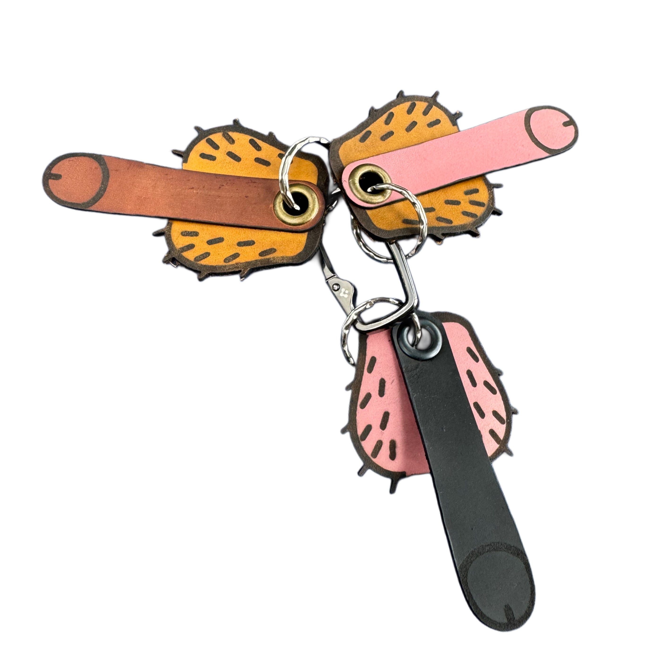 Bold handcrafted leather keychain in pink, brown, and black — Lamamarka