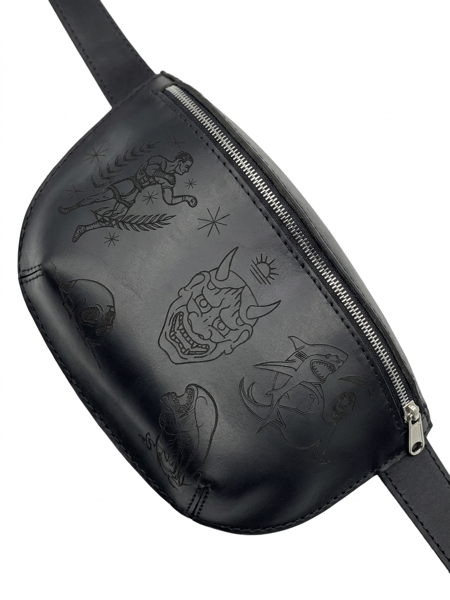 Black engraved leather belt bag — alternate angle — Lamamarka