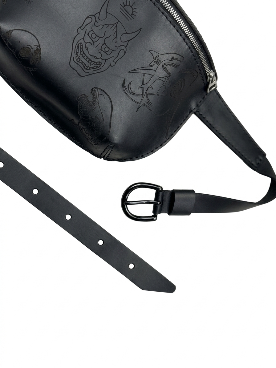 Black engraved leather belt bag — back view — Lamamarka