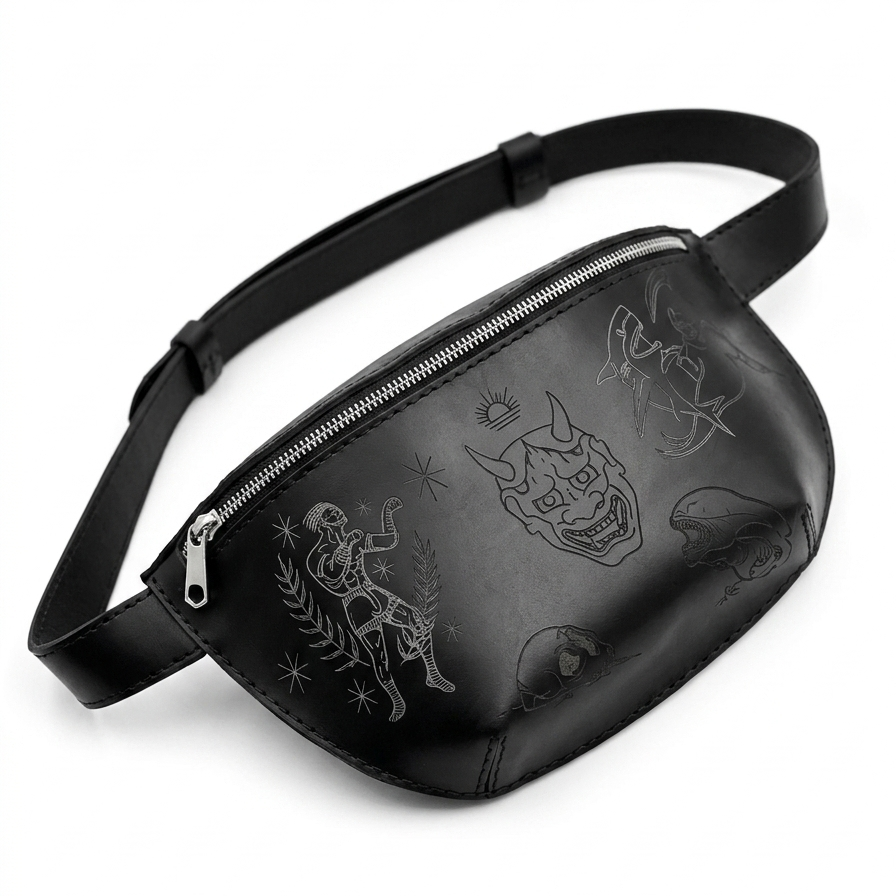 Black engraved leather belt bag — detail view — Lamamarka