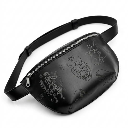 Tattoo Flash Leather Belt Bag | Black Engraved Leather Fanny Pack