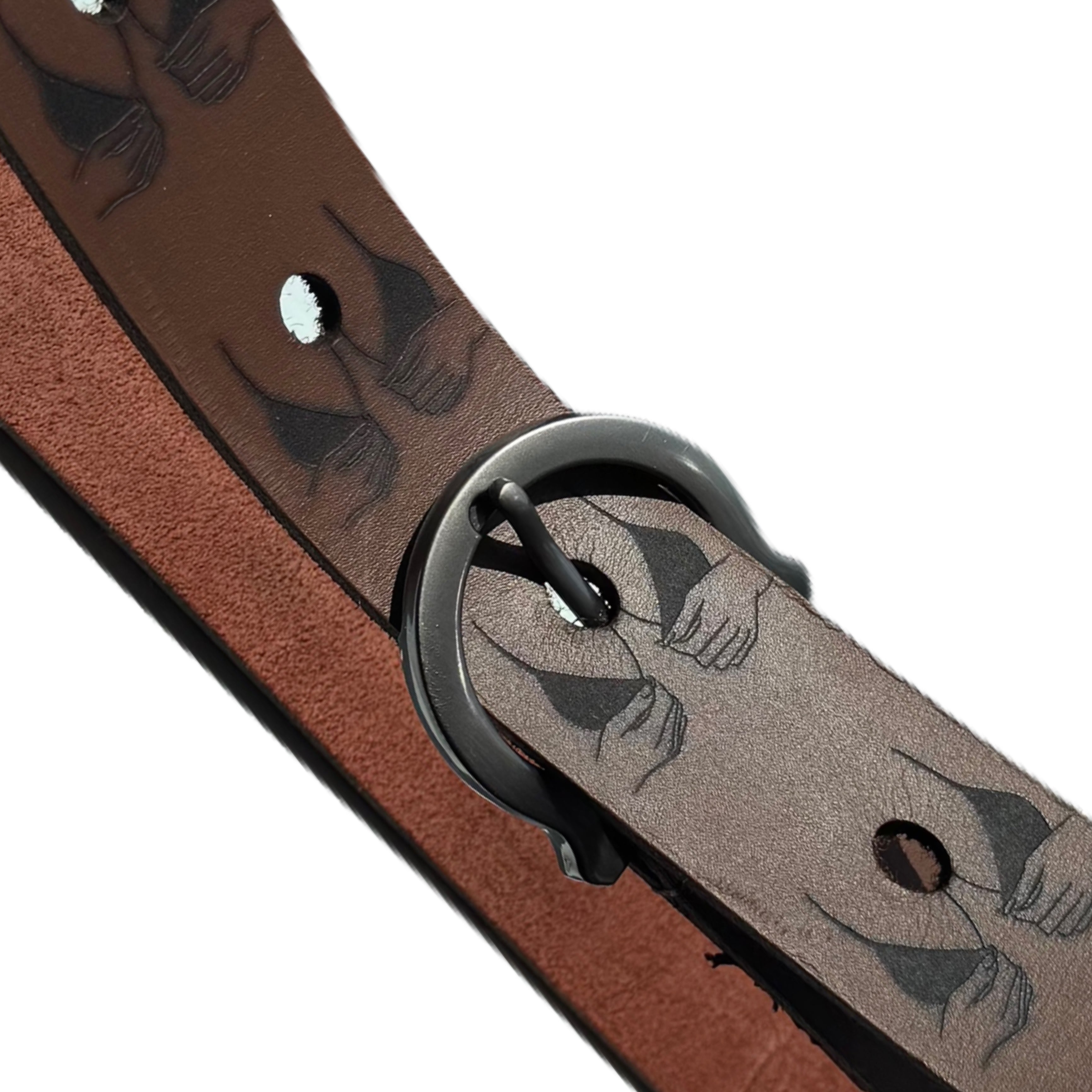 Handcrafted engraved leather statement belt — detail view — Lamamarka