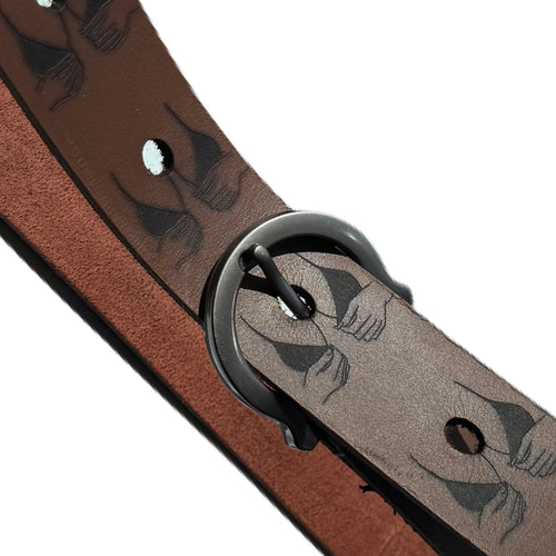 Handcrafted engraved leather statement belt — detail view — Lamamarka