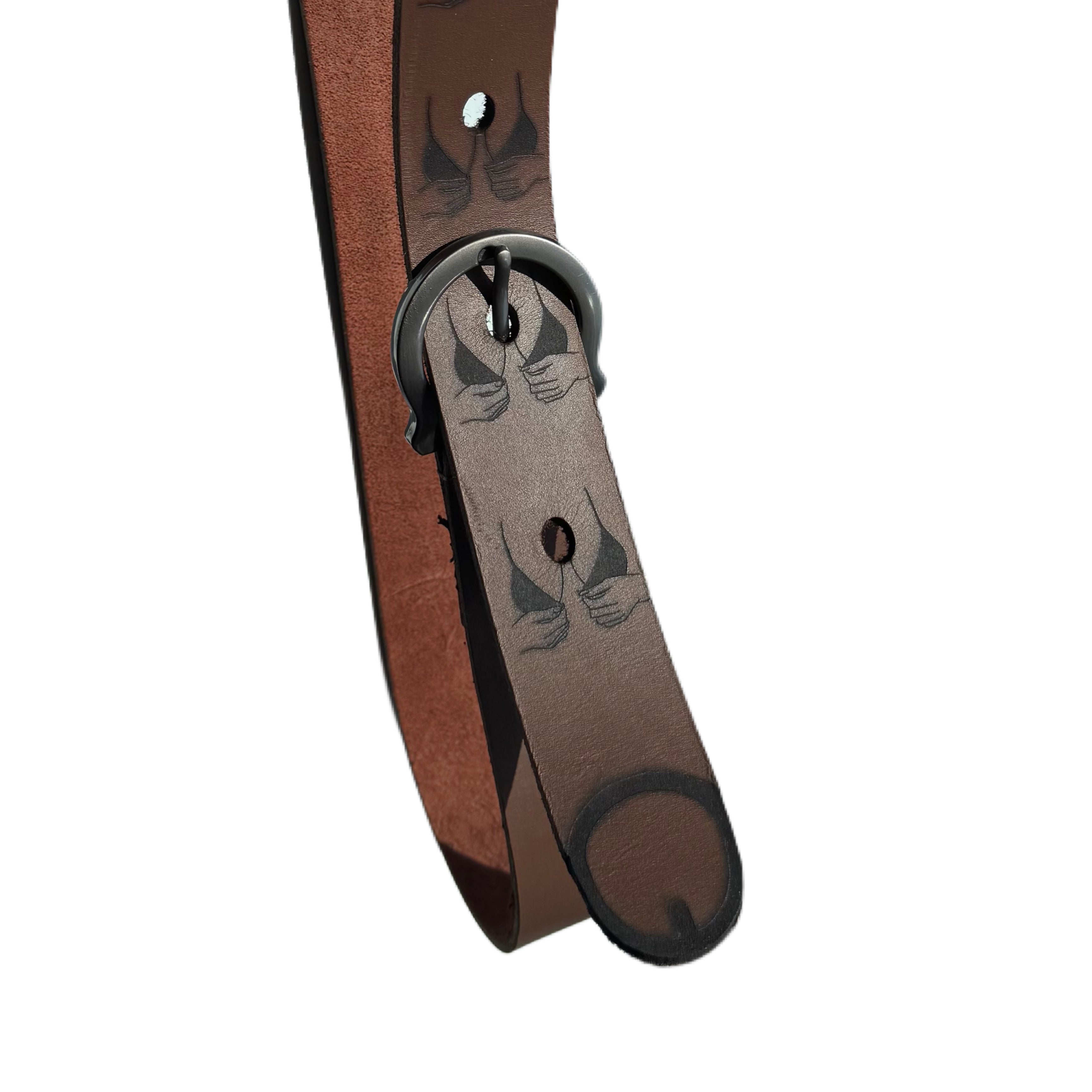 Handcrafted engraved leather statement belt — alternate angle — Lamamarka