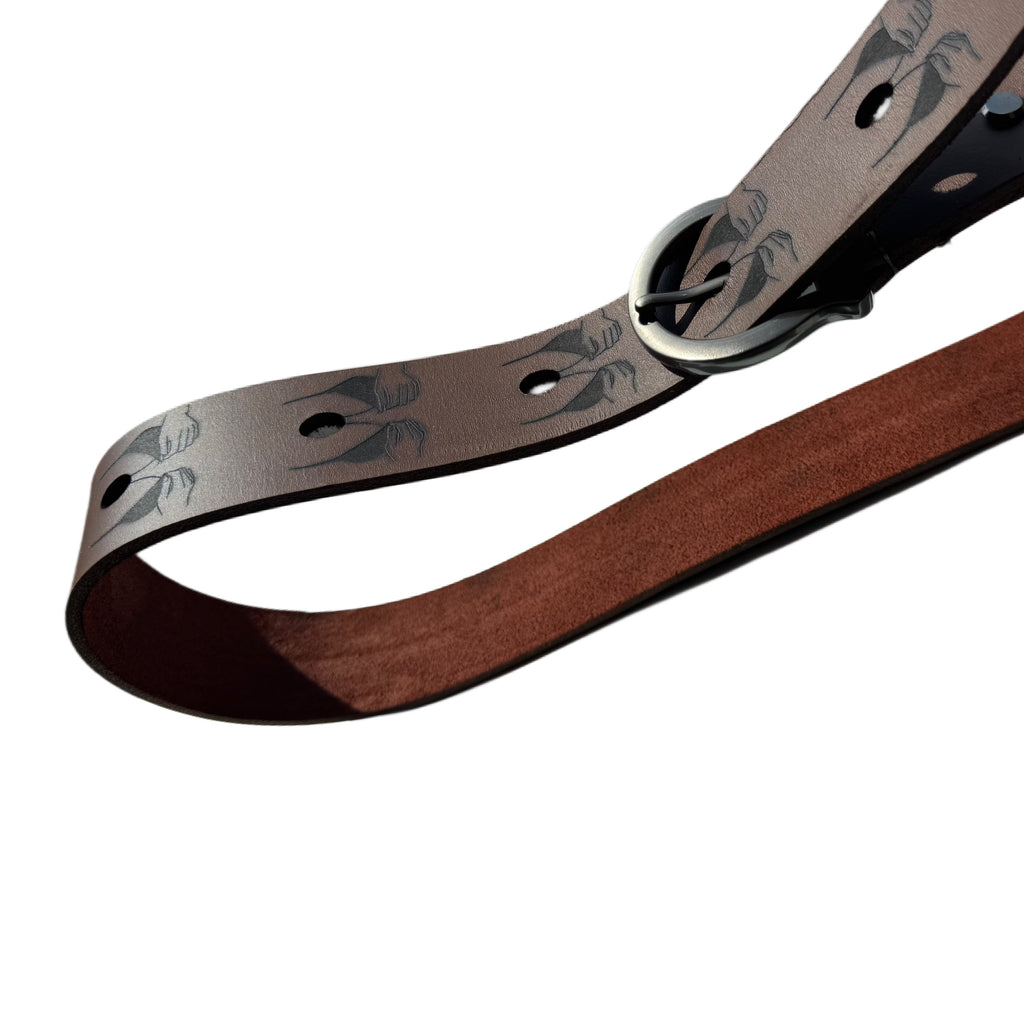 Handcrafted engraved leather statement belt — back view — Lamamarka
