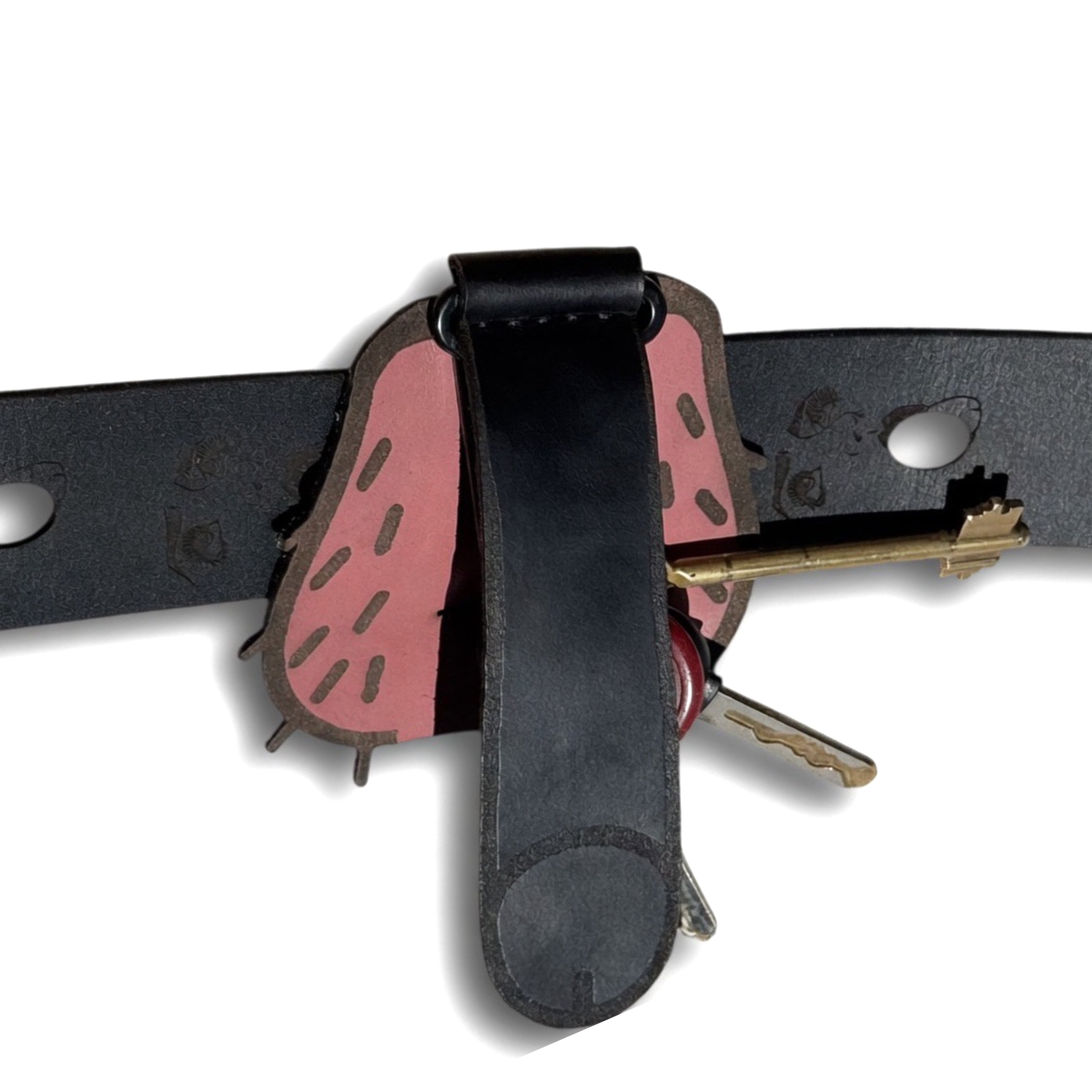 Black handcrafted leather belt carabiner novelty — in-hand view — Lamamarka