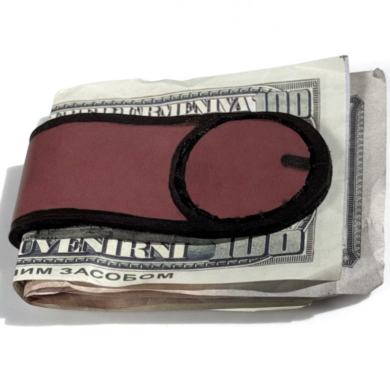 Handcrafted leather money clip — alternate angle — Lamamarka