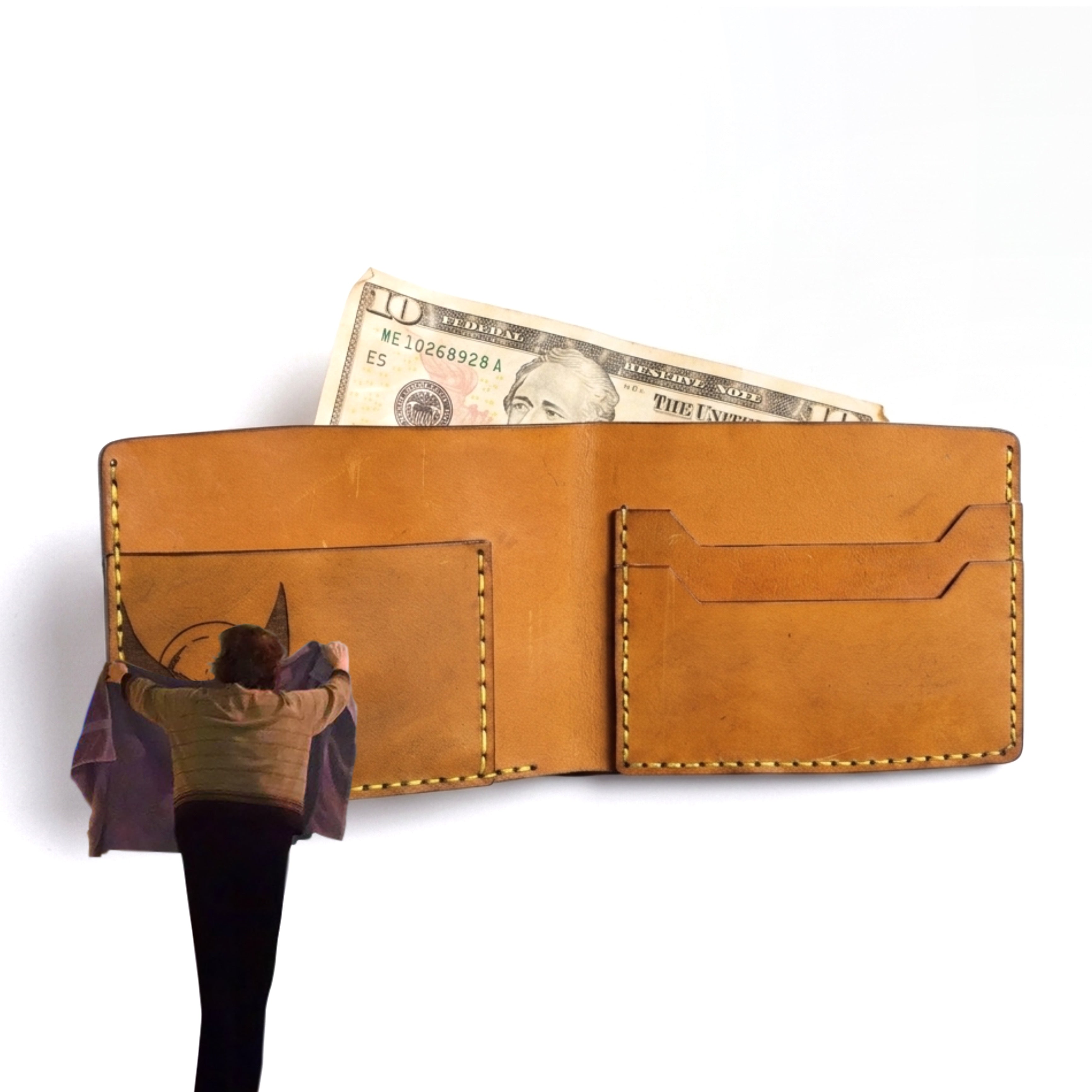 Handmade leather bifold wallet — alternate angle — Lamamarka