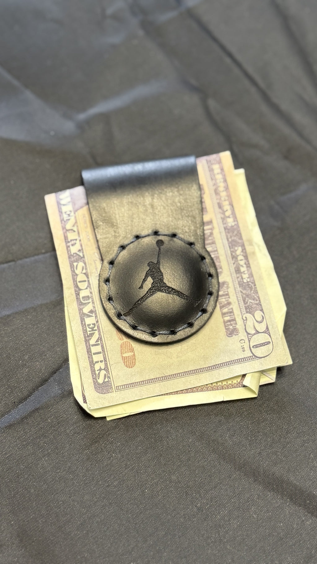 Black leather magnetic money clip, minimalist EDC — size reference — Lamamarka