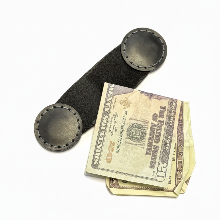 Black leather magnetic money clip, minimalist EDC — detail view — Lamamarka