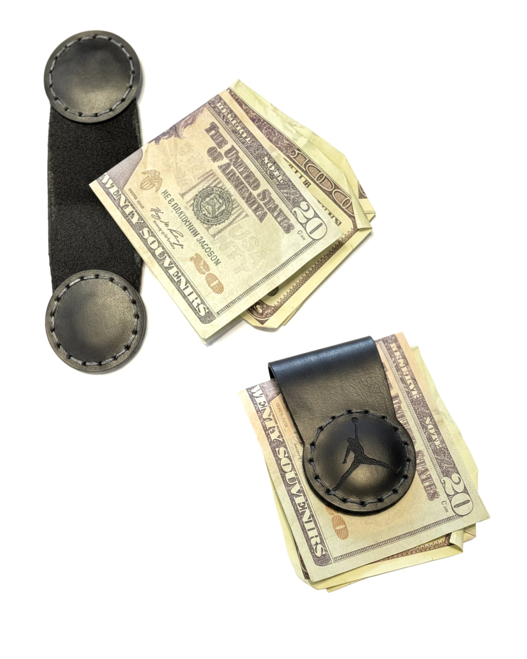 Black leather magnetic money clip, minimalist EDC — alternate angle — Lamamarka