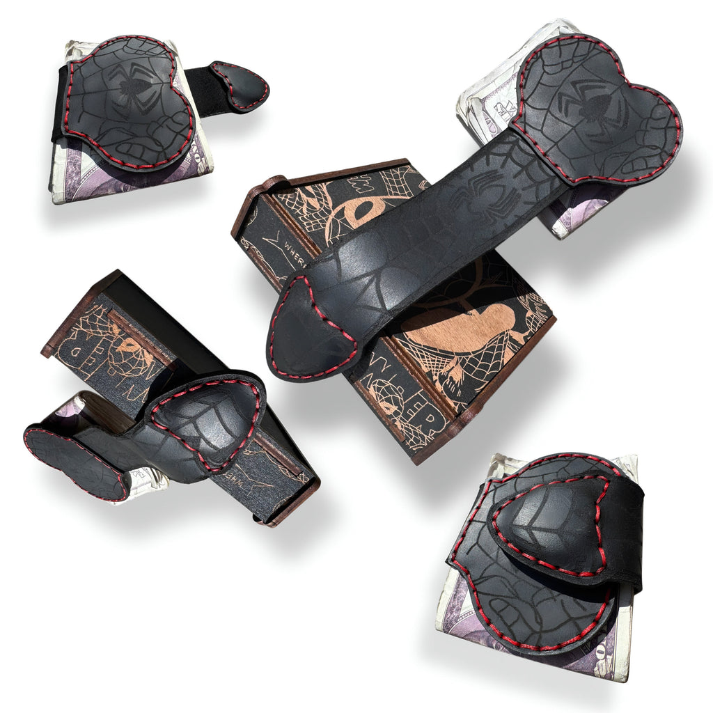 Four views of the all black spider web XL leather money clip
