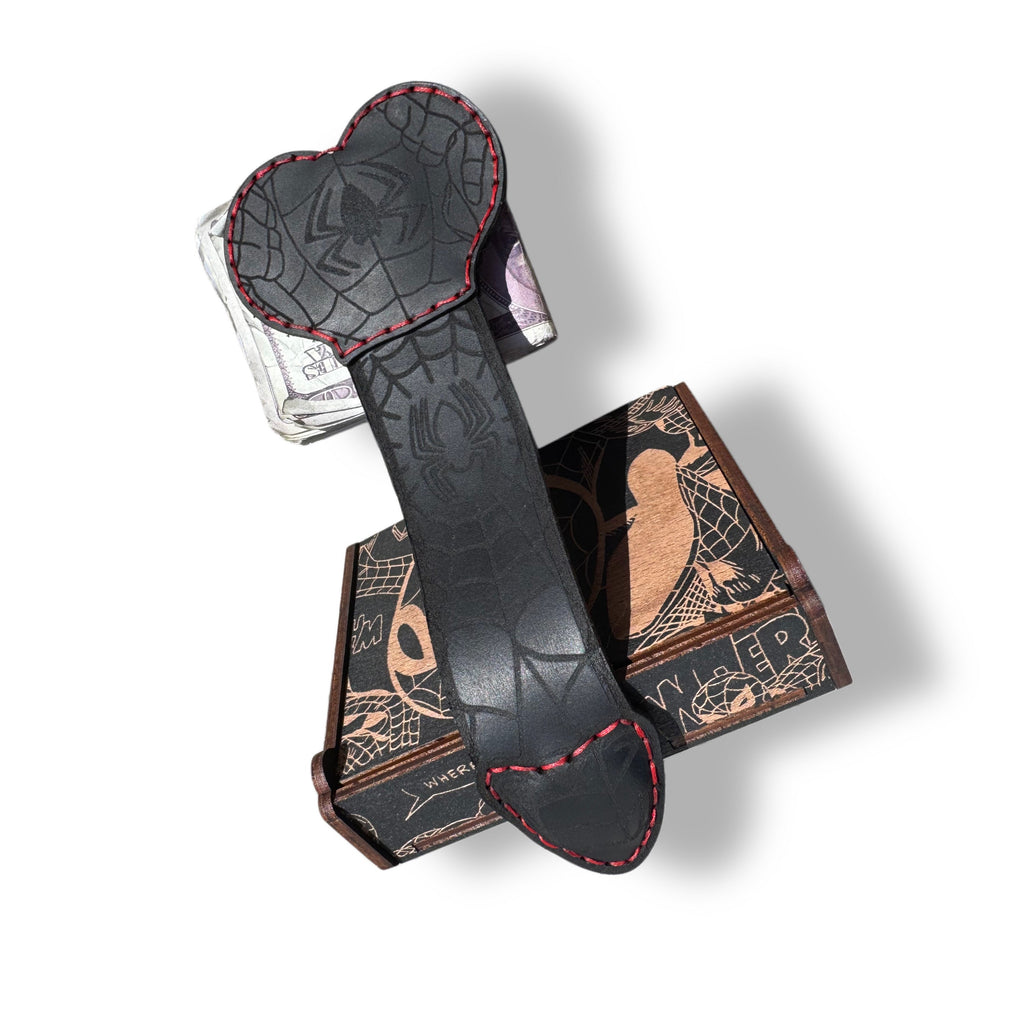 All black spider web XL leather money clip with engraved wooden gift box