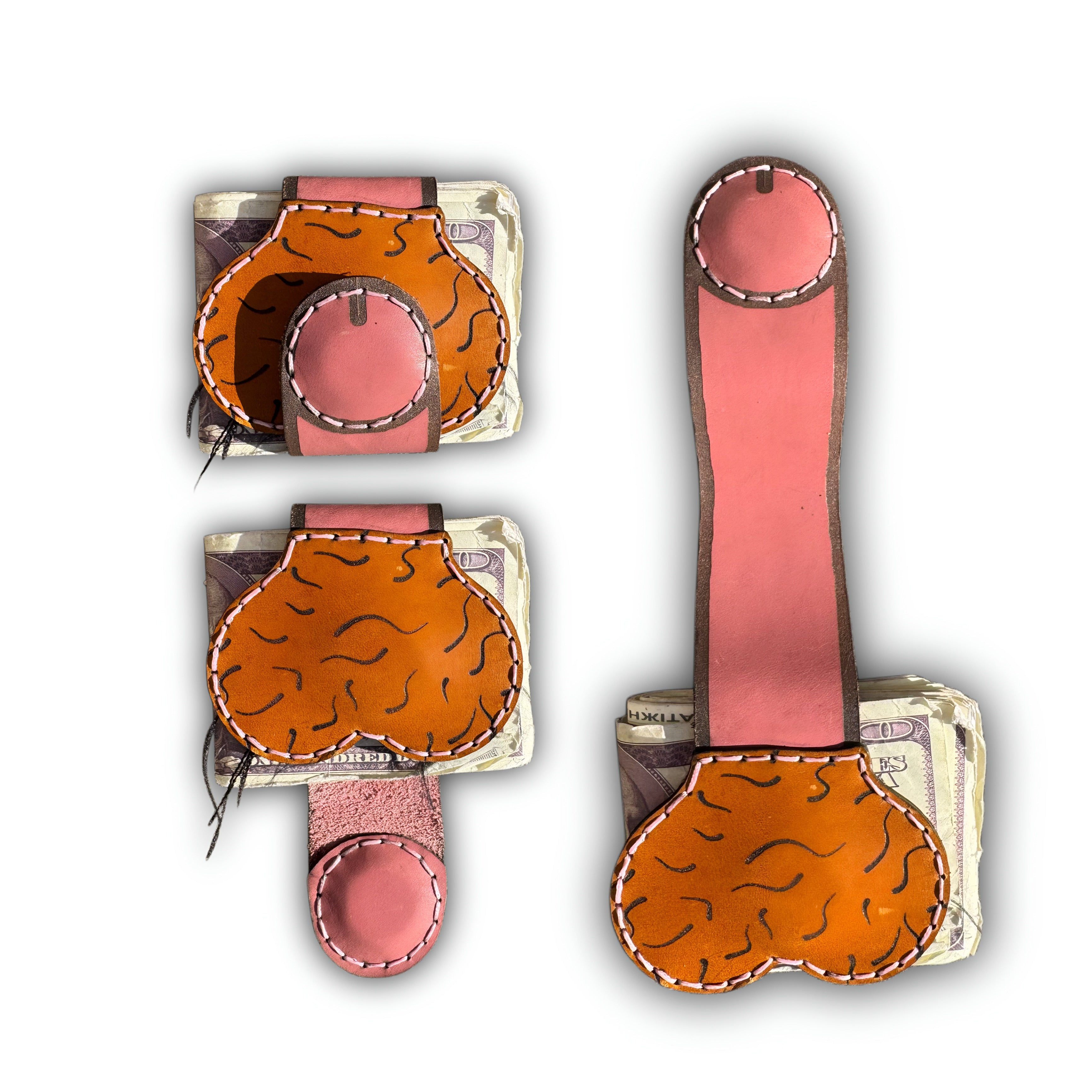 Three views of the au naturel XL leather money clip, closed, hair-tooled front panel, and fully extended pink strap