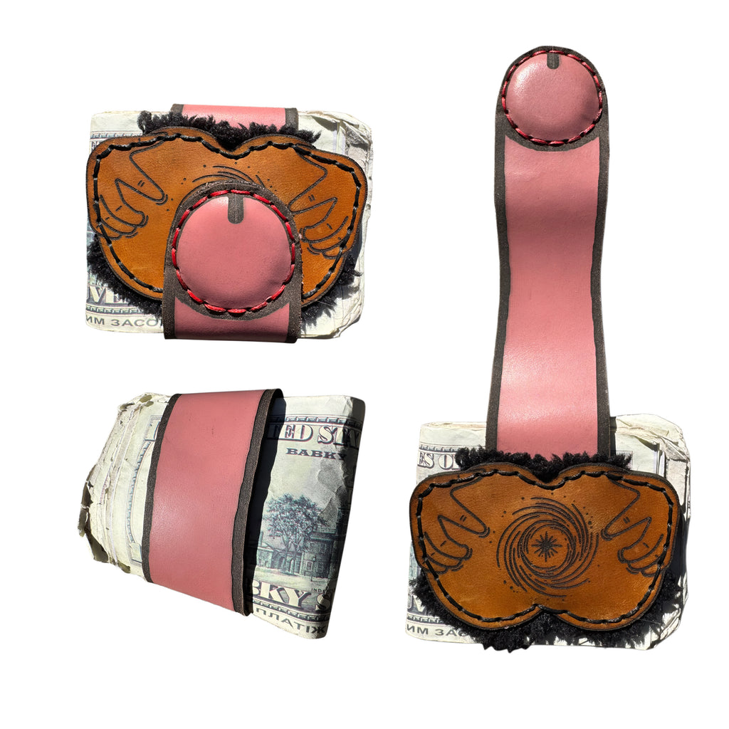 Black hole XL leather money clip shown from four angles, open, closed and extended