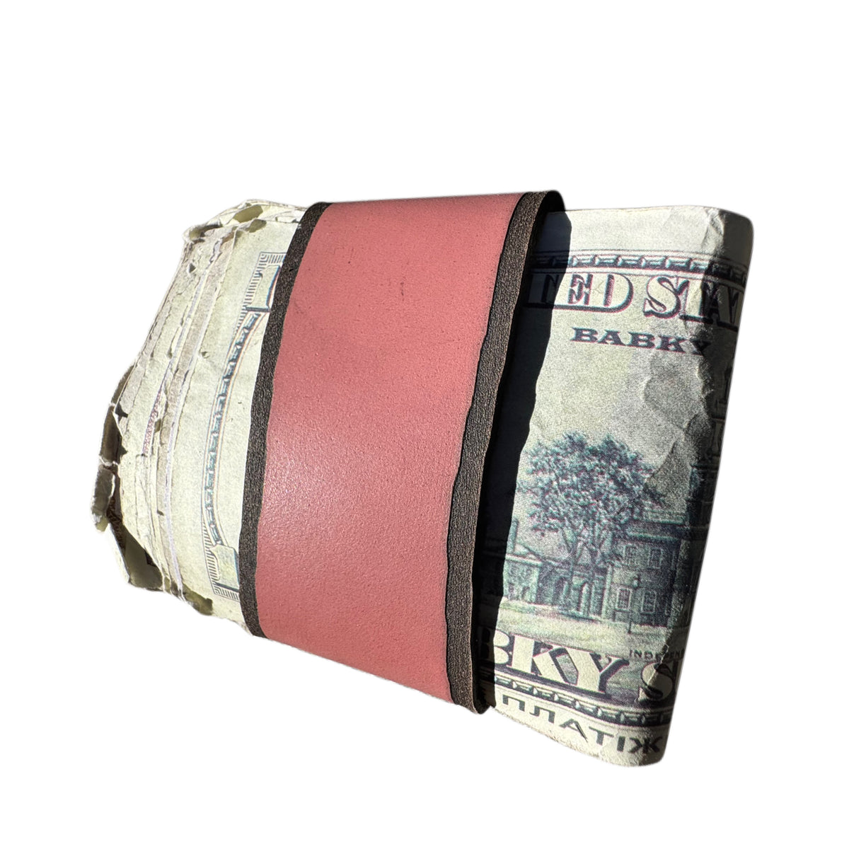 Black hole XL money clip closed, plain pink leather strap wrapped around folded cash