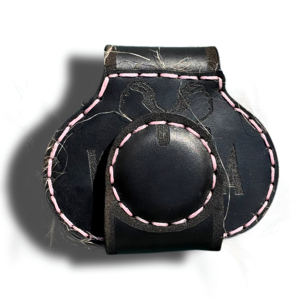 Black leather XL cheeky money clip with pink saddle stitching and magnetic snap