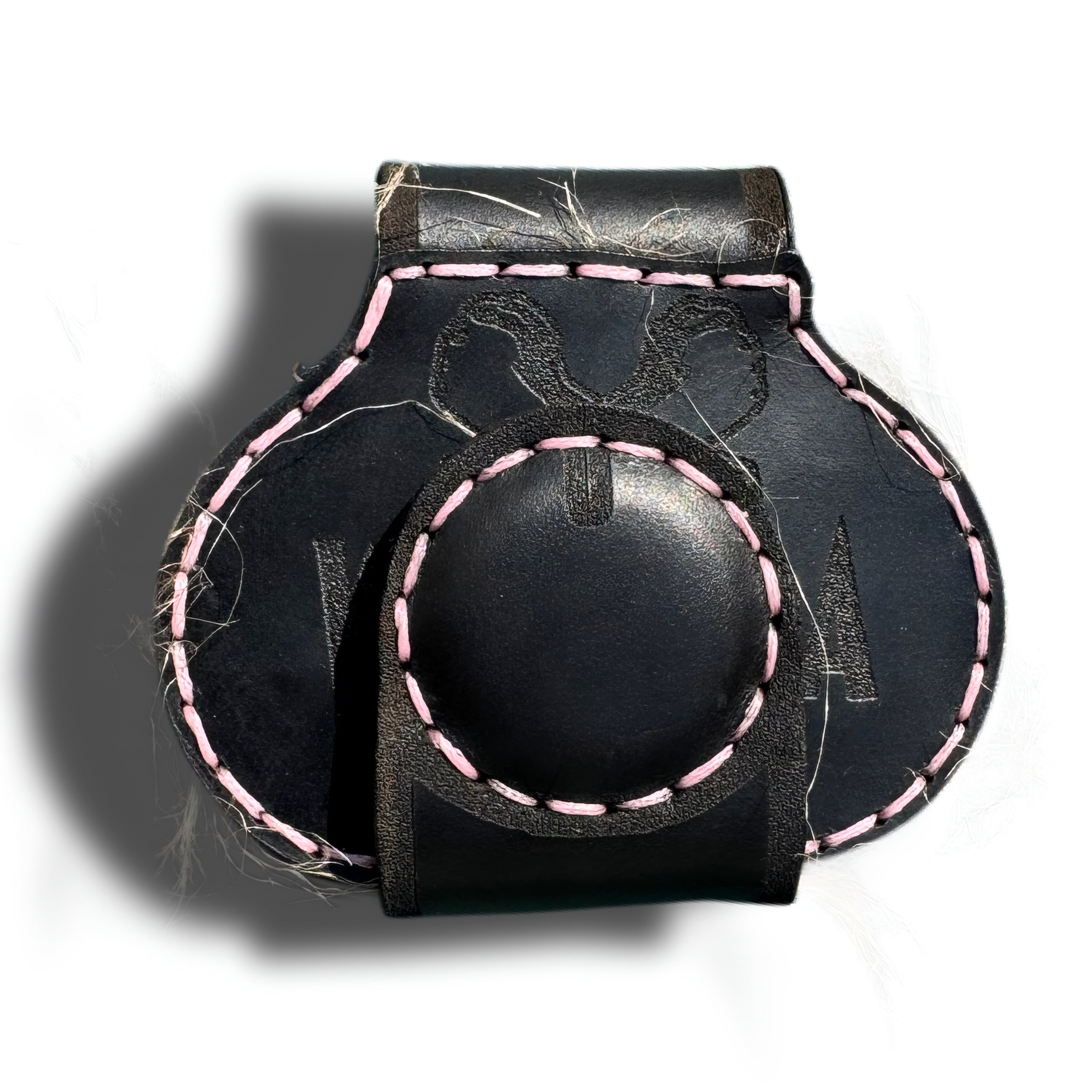 Black leather XL cheeky money clip with pink saddle stitching and magnetic snap