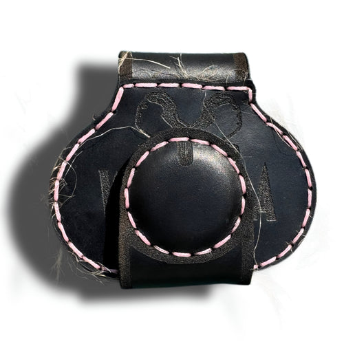 Black leather XL cheeky money clip with pink saddle stitching and magnetic snap