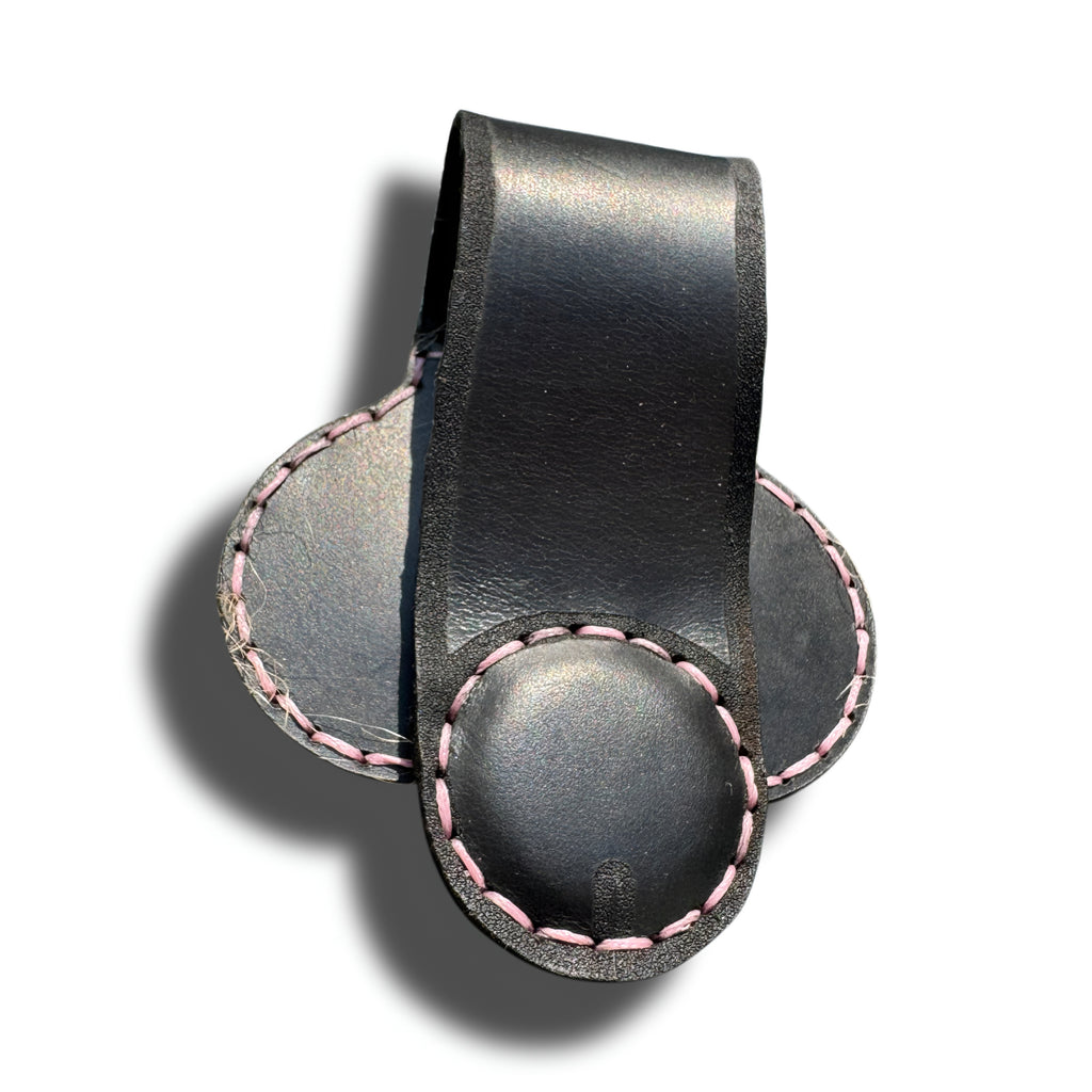 Oversized cheeky leather money clip unfolded, black cowhide with contrast pink hand stitching