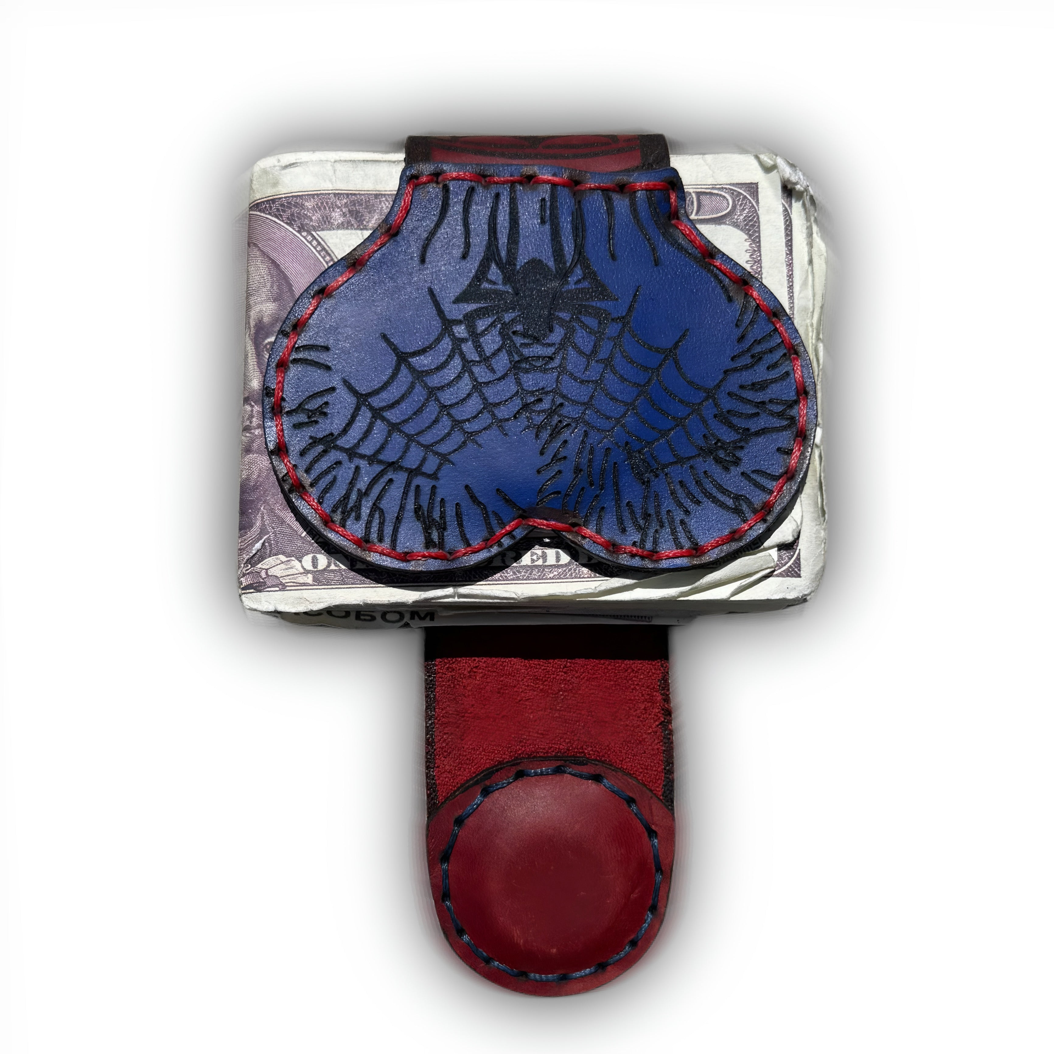 Caught in the web XL leather money clip front, navy panel tooled with webs and a spider, hand stitched in contrast thread